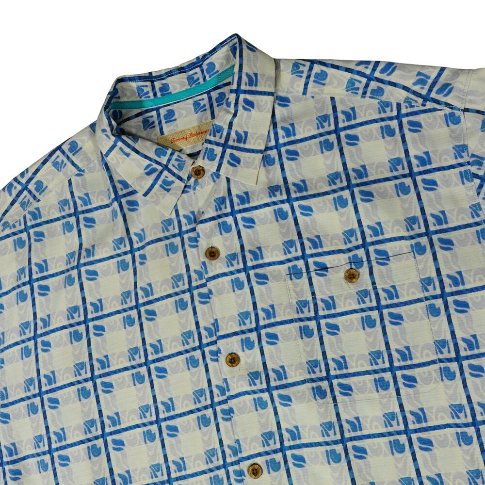 Tommy Bahama Silk Geometric Sail A Wave Plaid Hawaiian Button Up Camp Shirt XLX
